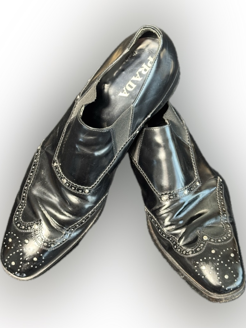 Prada Black Leather Slip-On Brogue Shoes with Studded Cap Toe Size 10 - Picture 2 of 6
